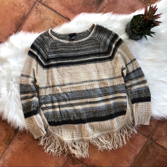 new directions Sweaters - Striped Poncho Fringe Tassle Sweater